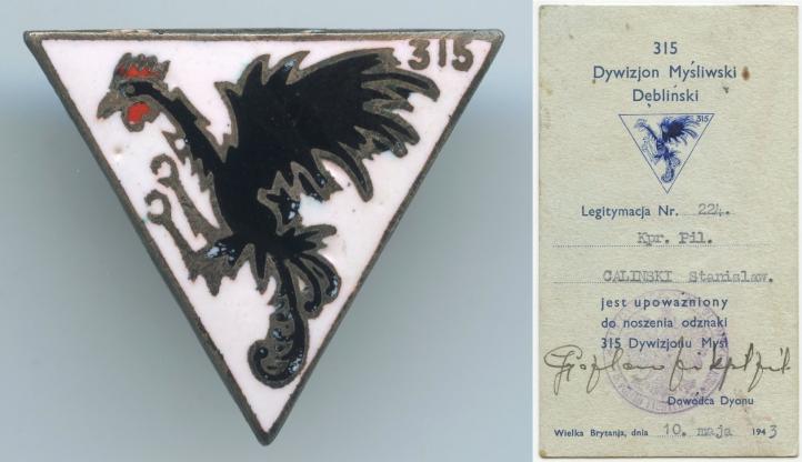 Odznaka i legitymacja 315 Dywizjonu Myśliwskiego (fot. muzeumlotnictwa.pl) Odznaka i legitymacja 315 Dywizjonu Myśliwskiego (fot. muzeumlotnictwa.pl)