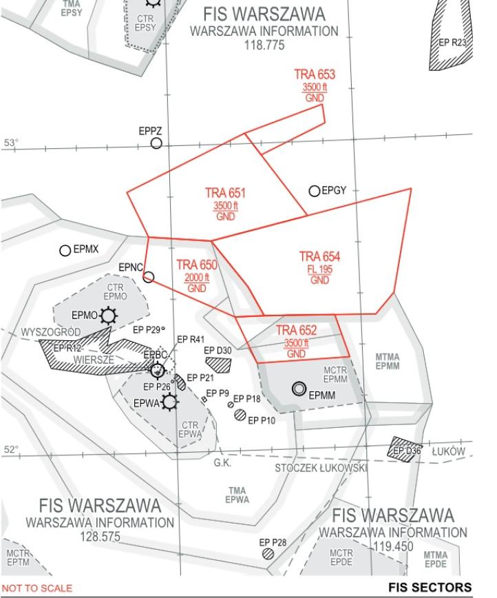 Strefy czasowo rezerwowane w rejonie Warszawy, źródło PAŻP
