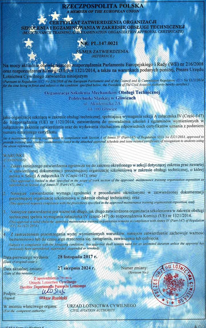 Certyfikat Politechniki Śląskiej nr PL.147.0021 (fot. Politechnika Śląska)