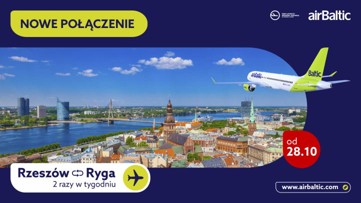 Nowa trasa i przewoźnik Air Baltic w Jasionce (Graf. Marcin Turaj, Port Lotniczy Rzeszów-Jasionka im. Rodziny Ulmów, fot. airBaltic.com)