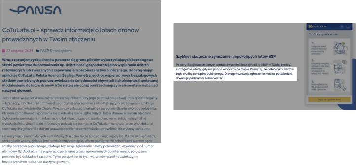 PANSA CoTuLata komunikaty o aplikacji. Źródło: pansa.pl