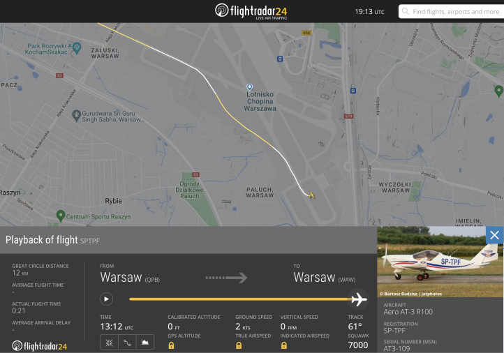 SP-TPF lot z usterką silnika. Źródło: Flightradar24