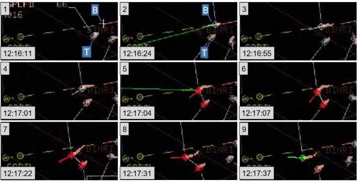 Przebieg zbliżenia samolotów, T - Tecnam, B - Boeing źródło PAŻP, PKBWL