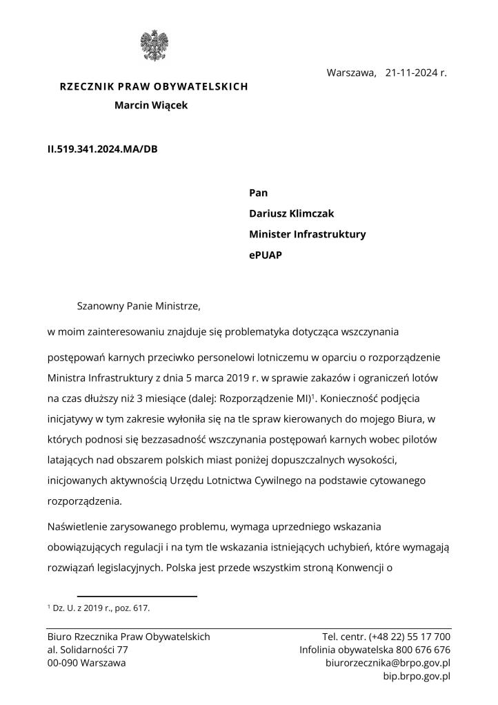 Pismo Marcina Więcka, Rzecznika Praw Obywatelskich do Dariusza Klimczaka, Ministra Infrastruktury