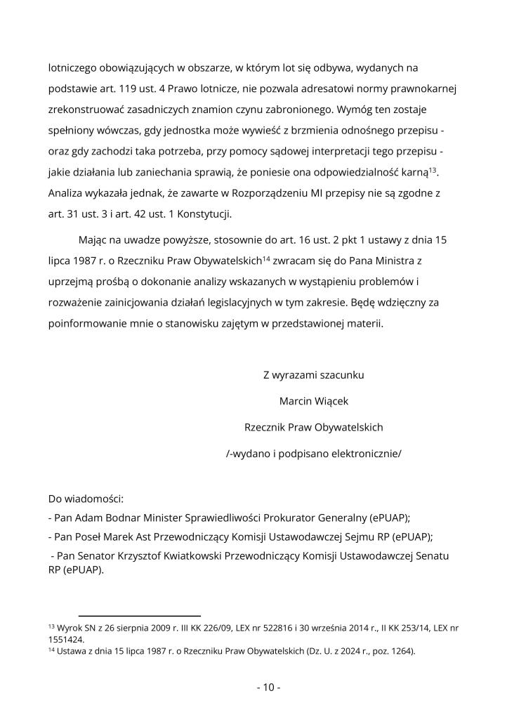 Pismo Marcina Więcka, Rzecznika Praw Obywatelskich do Dariusza Klimczaka, Ministra Infrastruktury