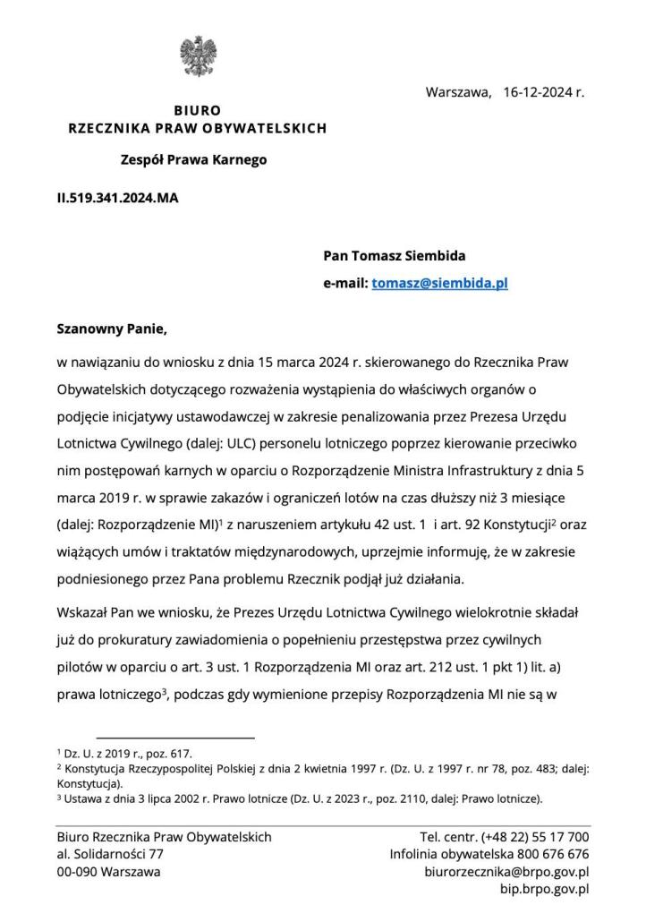 Tomasz Siembida RPO zwraca się do MI z prośbą do stosowania konstytucyjnych standardów
