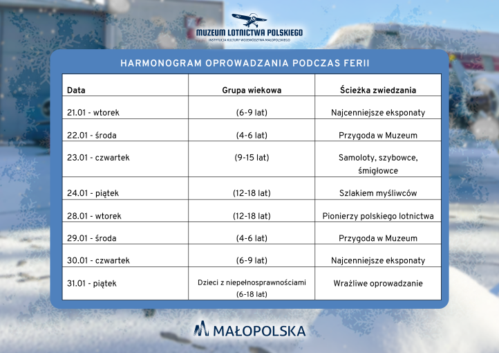 Harmonogram zwiedzania z przewodnikiem – Ferie w Muzeum Lotnictwa Polskiego (fot. Muzeum Lotnictwa Polskiego)