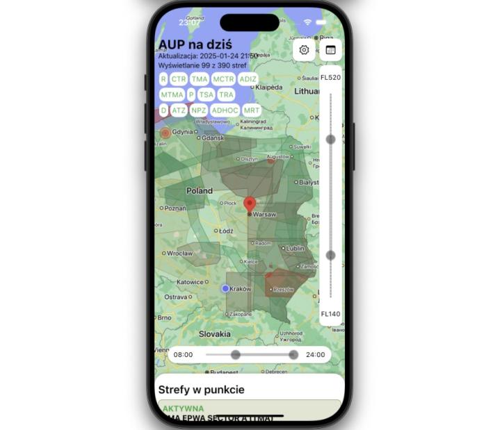 Aplikacja AUP w Polsce - interaktywna mapa stref powietrznych