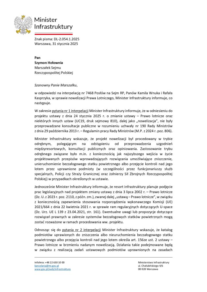 Odpowiedź Ministra Infrastruktury na interpelację 7648 Odpowiedź Ministra Infrastruktury na interpelację 7648