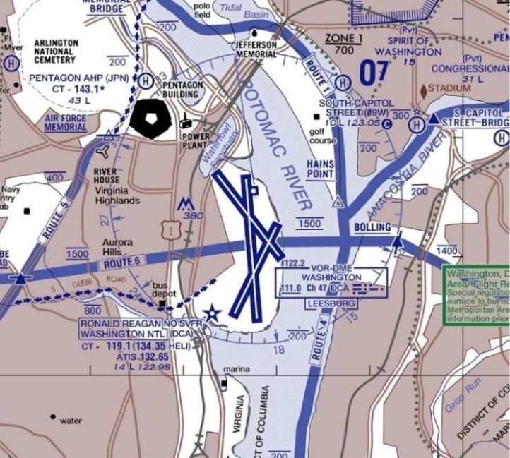 Wizualizacja trasy nr 4 dla śmigłowców wzdłuż rzeki Potomac w Waszyngtonie, źródło NTSB