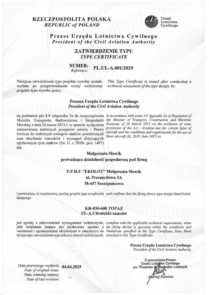 certyfikat KR-030-600 Topaz