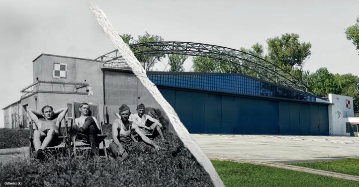 Historyczne zdjęcie pilotów przed hangarem. Na drugiej połowie wspólczesne zdjęcie odbudowanego hangaru (fot. Muzeum Lotnictwa Polskiego)