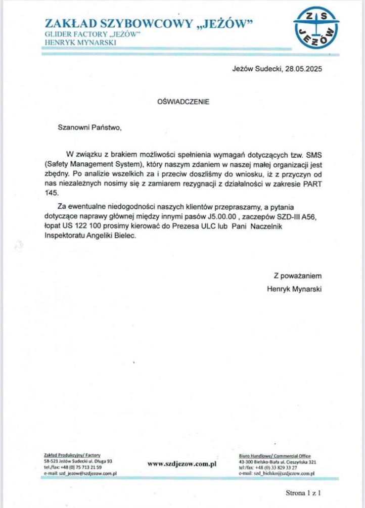 Pismo Zakład Szybowcowy Jeżów Sudecki Pismo Zakład Szybowcowy Jeżów Sudecki