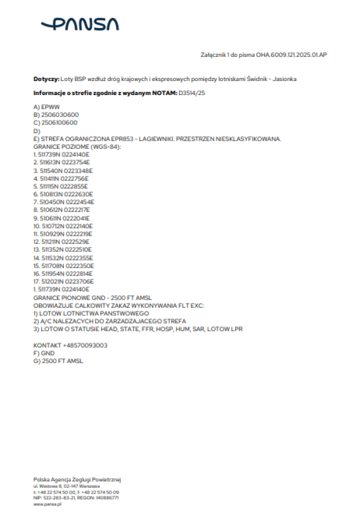 Strefa EPR853 - informacja PAŻP (fot. Aeroklub Lubelski)