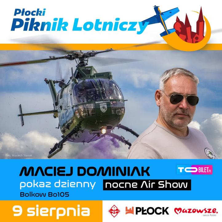 Bolkow Bo105 i Maciej Dominiak na Płockim Pikniku Lotniczym (fot. Aeroklub Ziemi Mazowieckiej)