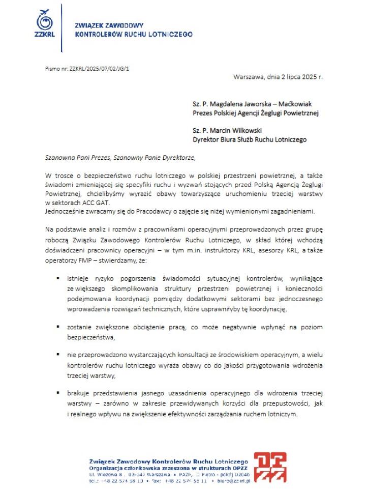 Pismo ZZKRL dot. trzeciej warstwy w sektorach ACC GAT (fot. ZZKRL)