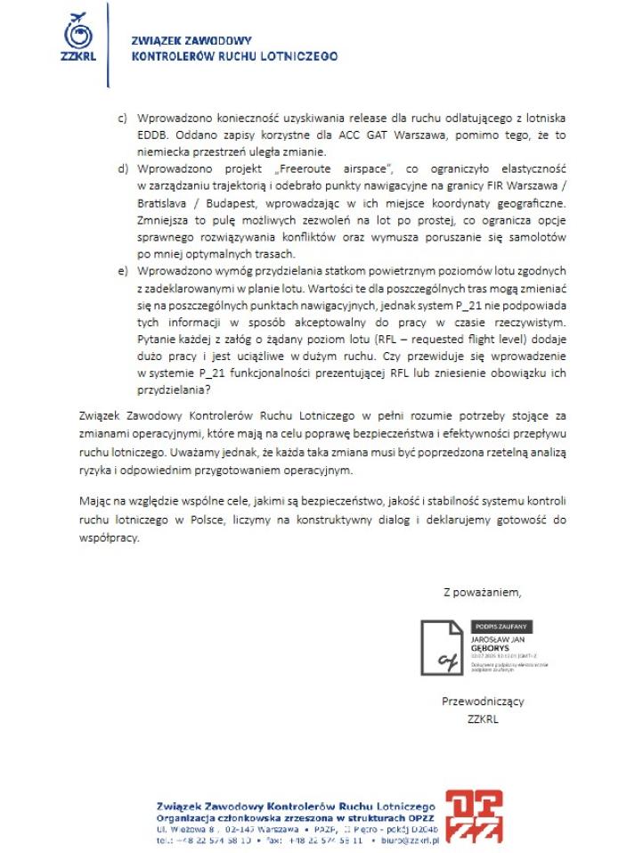 Pismo ZZKRL dot. trzeciej warstwy w sektorach ACC GAT (fot. ZZKRL)7