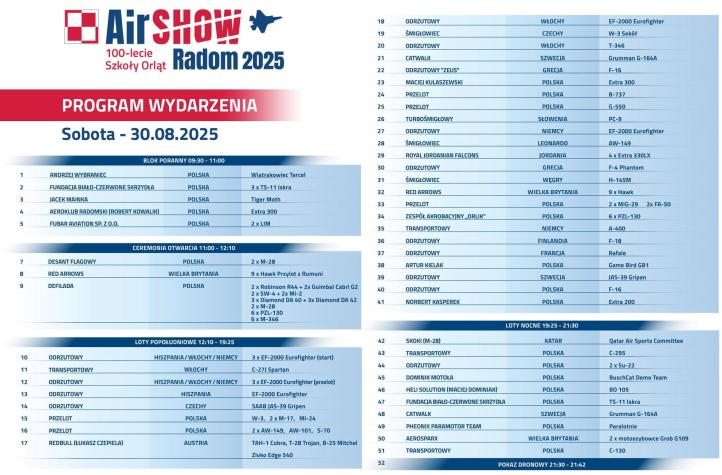 Air SHOW Radom 2025 - program na 30 sierpnia (fot. Air SHOW Radom)