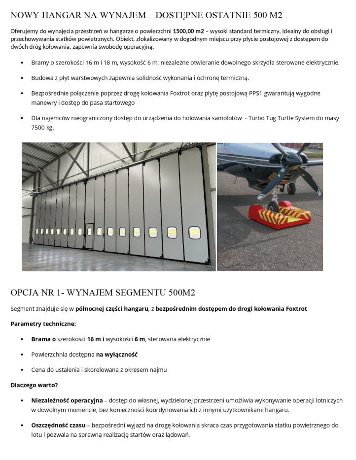 Oferta hangarowanie - lotnisko Mielec