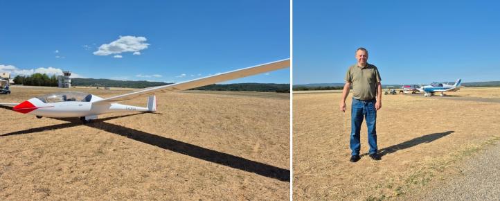 Prof. Tomasz Rogalski i szybowiec na lotnisku (fot. T. Rogalski)