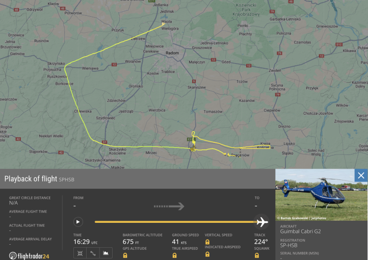 Guimbal Cabri G2 SP-HSB źródło: flightradar24 Guimbal Cabri G2 SP-HSB źródło: flightradar24