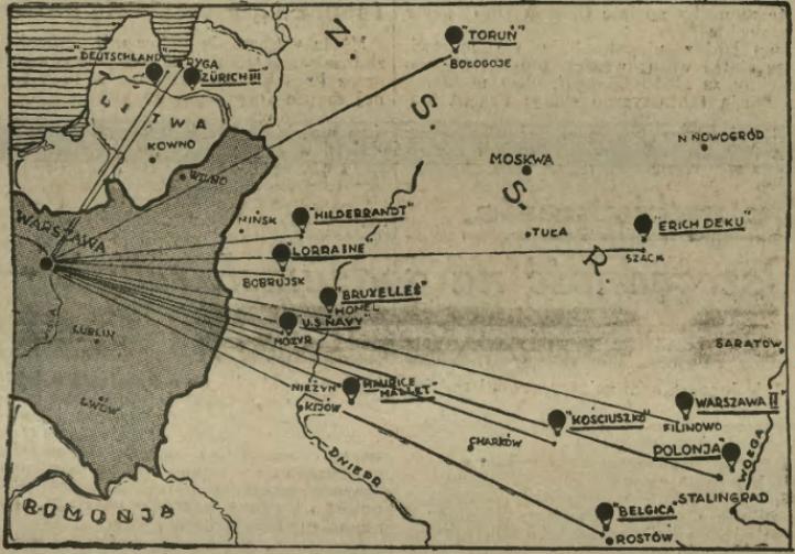 Trasy przelotu balonów XXIII Pucharu Gordona Bennetta (fot. Ilustrowany Kuryer Codzienny. 1935, nr 262, Domen publiczna, Wikimedia Commons)