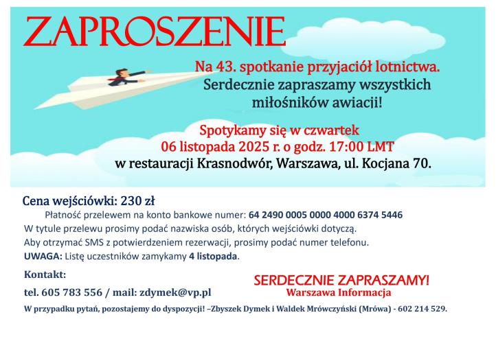 Zaproszenie na 43 Spotkanie Przyjaciół Lotnictwa Zaproszenie na 43 Spotkanie Przyjaciół Lotnictwa