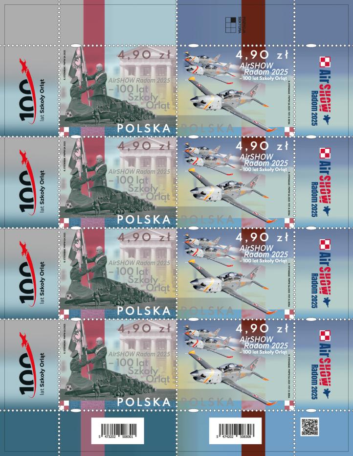 AirSHOW Radom 2025 - 100 lat Szkoły Orląt - znaczki na arkuszu (fot. Poczta Polska) AirSHOW Radom 2025 - 100 lat Szkoły Orląt - znaczki na arkuszu (fot. Poczta Polska)