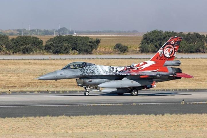 F-16 z biało-czerwonym motywem tygrysa (fot. Fanny Chesiere, AC NATO)