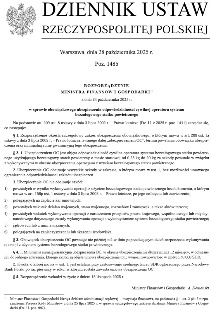 Ministerstwo Finansów - rozporządzenie w sprawie ubezpieczenia operatorów dronów o masie 250gr - 20 kg