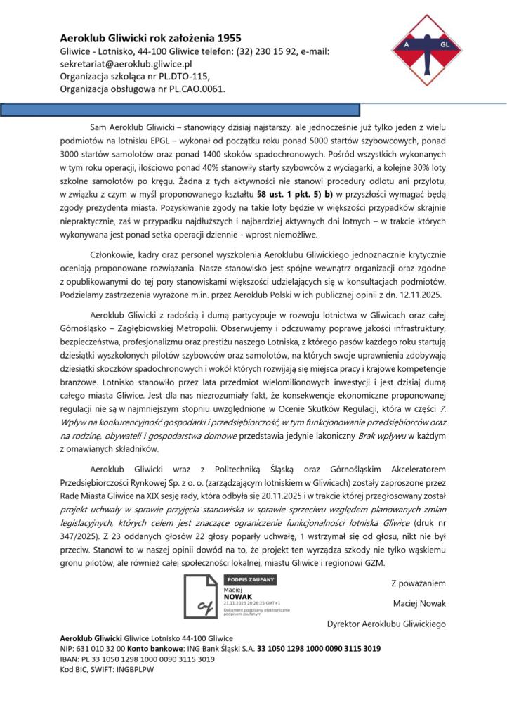 Aeroklub Gliwicki - opinia dot. projektu stref R