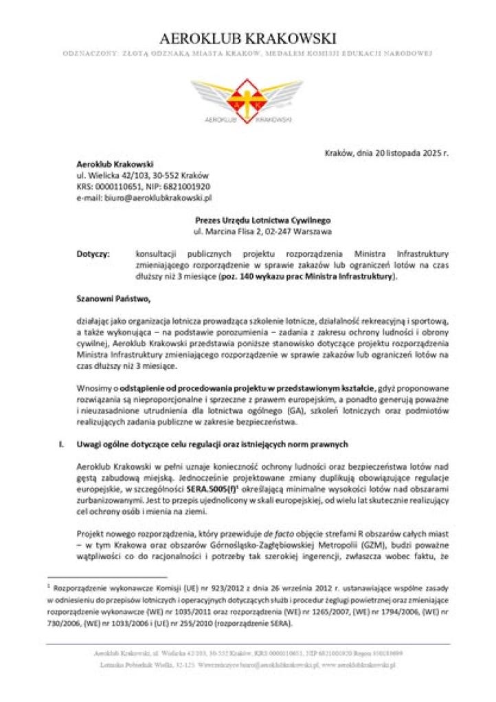 Aeroklub Krakowski - opinia w sprawie stref R