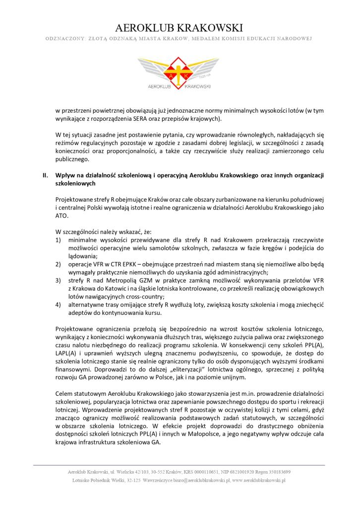 Aeroklub Krakowski - opinia w sprawie stref R
