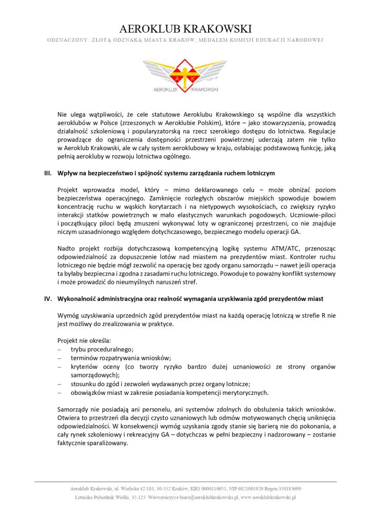Aeroklub Krakowski - opinia w sprawie stref R