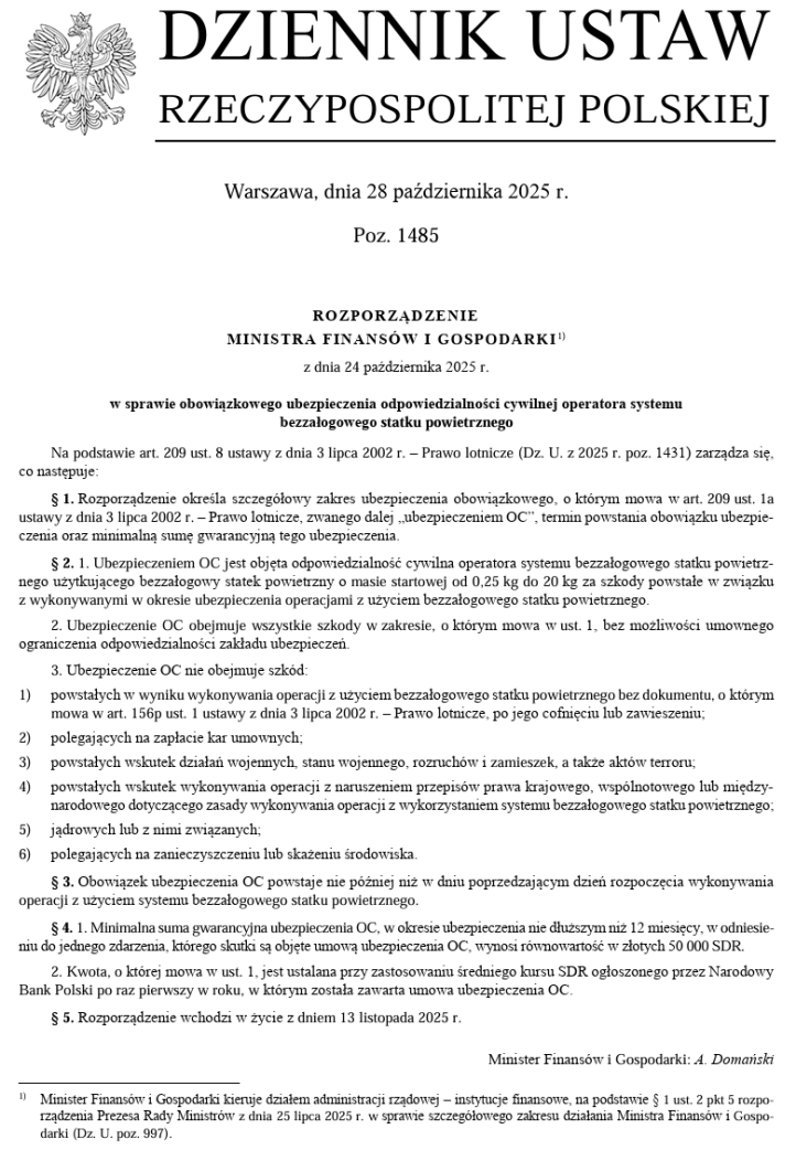Rozporządzenie w sprawie obowiązkowego ubezpieczenia odpowiedzialności cywilnej operatora systemu bezzałogowego statku powietrznego