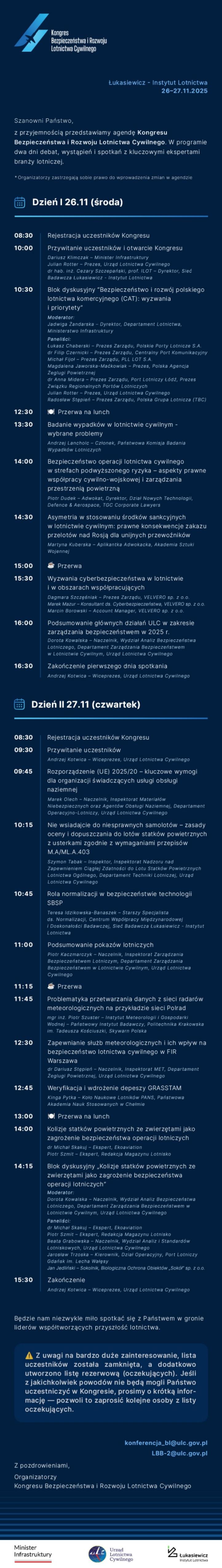 Agenda Kongresu Bezpieczeństwa i Rozwoju Lotnictwa Cywilnego