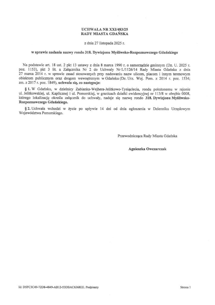 Inicjatywa nadania rondu w Gdańsku nazwy Dywizjonu 318