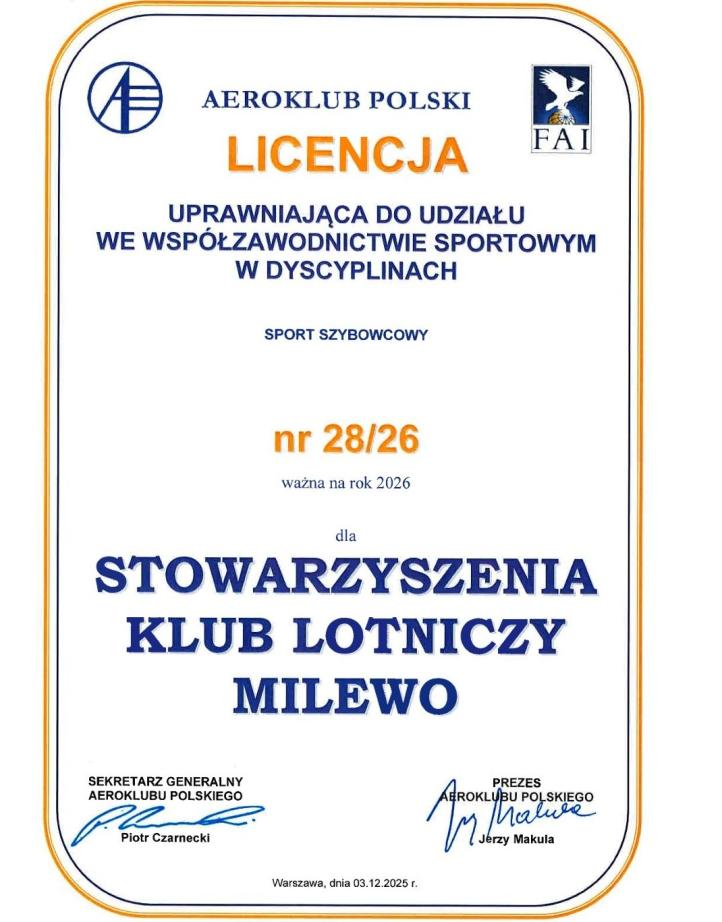 Licencja Stowarzyszenia Klub Lotniczy Milewo, fot. Stowarzyszenie Klub Lotniczy Milewo