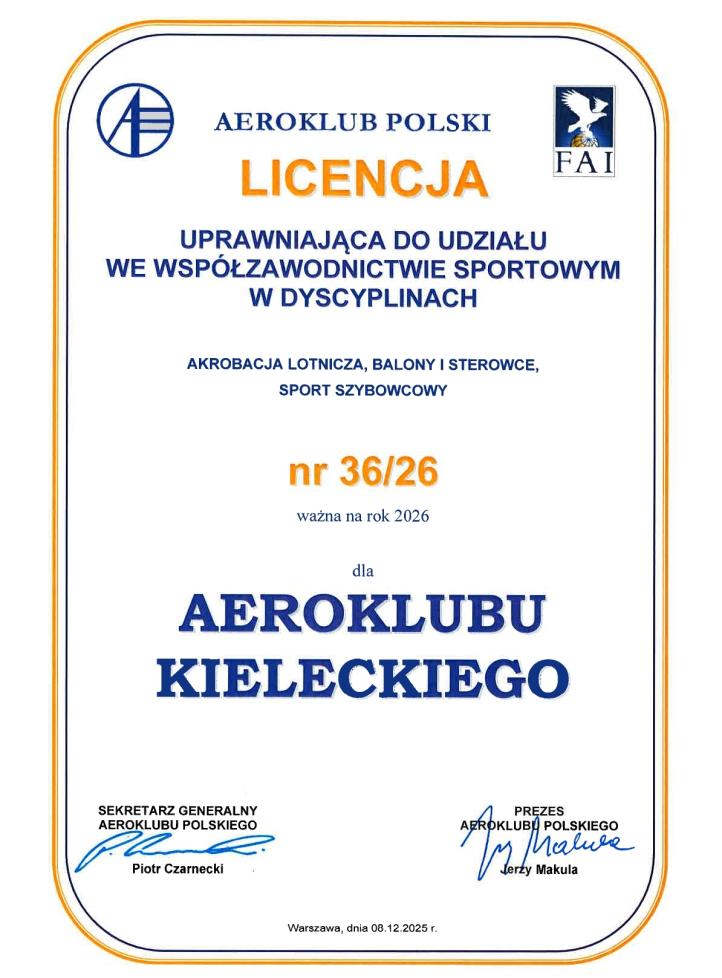 Licencja uprawniająca do udziału we współzawodnictwie sportowym Aeroklubu Kieleckiego na 2026 r. (fot. Aeroklub Kielecki)