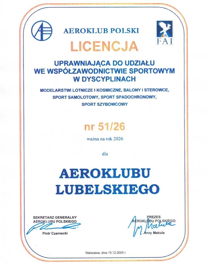 Licencja uprawniająca do udziału we współzawodnictwie sportowym Aeroklubu Lubelskiego (fot. Aeroklub Lubelski)