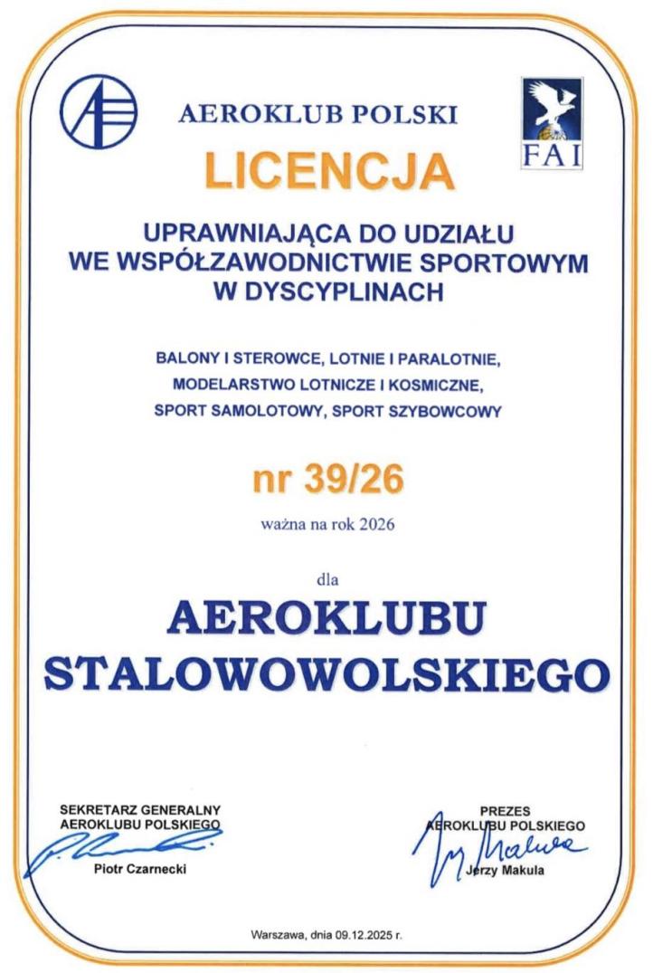 Licencja uprawniająca do udziału we współzawodnictwie sportowym Aeroklubu Stalowowolskiego, fot. Aeroklub Stalowowolski