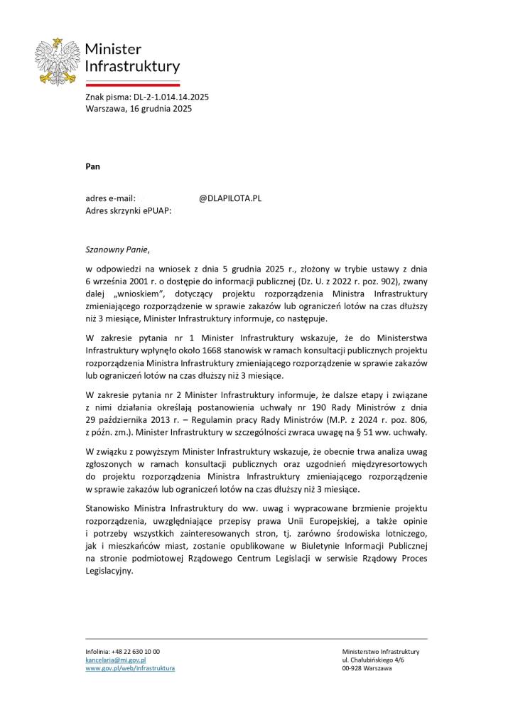 Odpowiedź Ministra Infrastruktury na wniosek o udostępnienie informacji publicznej z dnia 5 grudnia 2025 r.