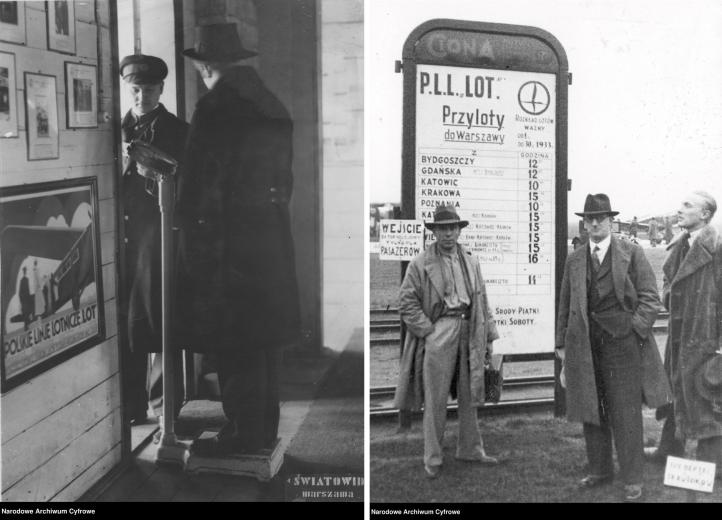 Pasażer podczas ważenia przed startem samolotu linii Poznań-Warszawa. Lotnisko cywilne w Warszawie. Pasażerowie przed tablicą rozkładu lotów na lotnisku. (fot. Narodowe Archiwum Cyfrowe)