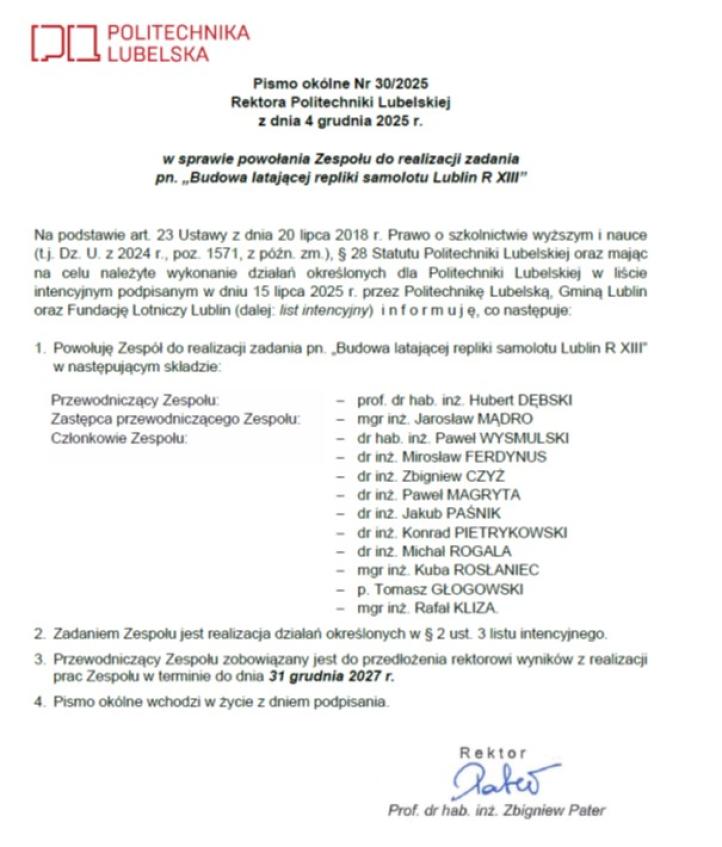 Pismo w sprawie powołania Zespołu do realizacji projektu budowy latającej repliki samolotu Lublin R XIII (fot. Politechnika Lubelska)