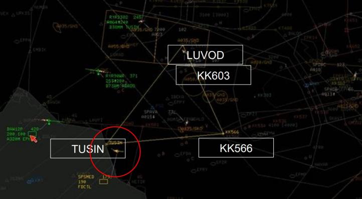 SP-SMED na zobrazowaniu radarowym po minięciu punktu TUSIN na FL190 (fot. PAŻP)