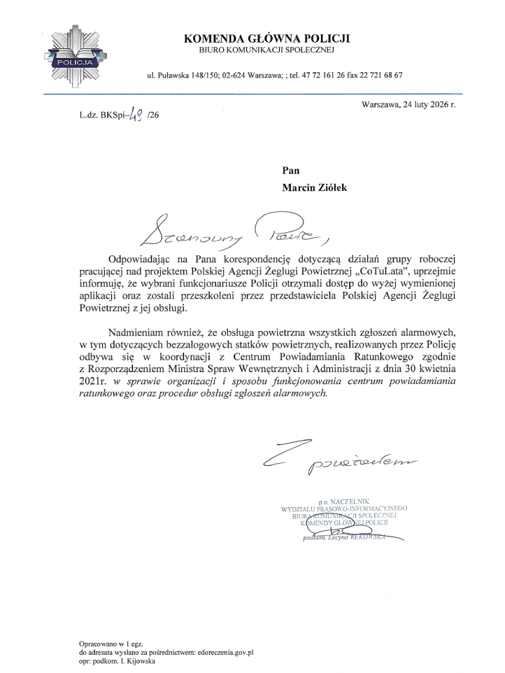 Komenda Główna Polisji odpowiedź w sprawie Cotulata z dnia 25 lutego 2026