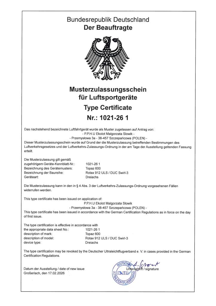 Niemiecki certyfikat typu KR-030-600 Topaz