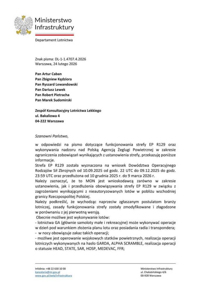 Odpowiedź Ministerstwa Infrastruktury na petycję w sprawie strefy EPR129, źródło_lotnik_org