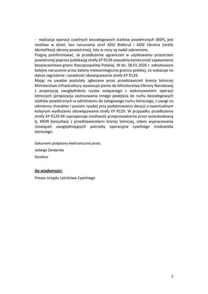 Odpowiedź Ministerstwa Infrastruktury na petycję w sprawie strefy EPR129, źródło_lotnik_org