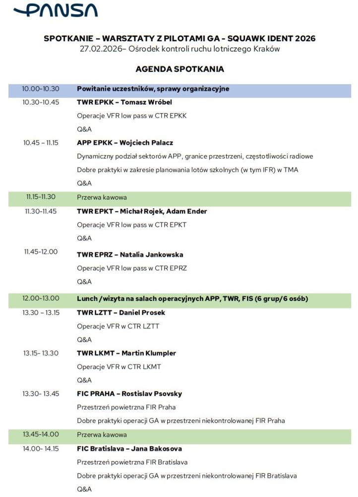 Warsztaty GA - Squawk Ident 2026 w Krakowie - agenda (fot. PAŻP)